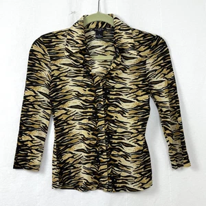 Guess Jeans Top Womens Sz S Tiger Print 3/4 Sleeve Fitted Button Up Office Siren - Picture 1 of 8
