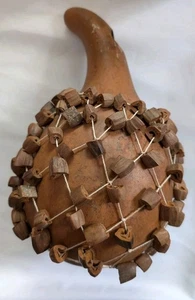 Vintage Hand Made Cameroon Gourd Drum Shake Rattle African Shekere Instrument - Picture 1 of 5
