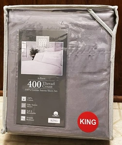 King Wrinkle Resistant Sheet Set 400TC Gray 100% Cotton Sateen Free Shipping - Picture 1 of 5