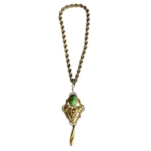 Vintage 1960's Art Nouveau Revival Heavy Brass Necklace Grapevine Malachite - Picture 1 of 6