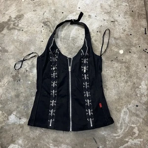 Tripp NYC Halter Top Corsetto Cerniera Anteriore Teschi Borchie Nero Taglia Small - Foto 1 di 5