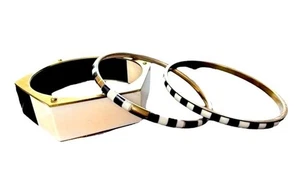 Vintage Black & White Bangles With Hexagonal Brass Accent Bracelet- Set Of 3 - Picture 1 of 9