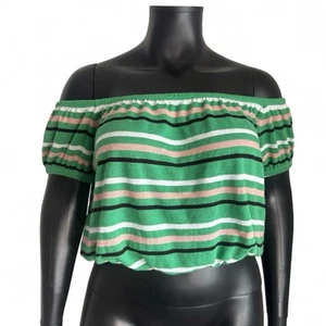 New Look Size 14-16 Holiday Top Bardot Off Shoulder Green Stripe Stretch Summer - Picture 1 of 10
