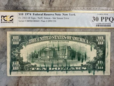 Dramatic Ink Smear Error 1974 $10 FRN Fr. 2022-B PCGS VF30PPQ - Image 1 of 4