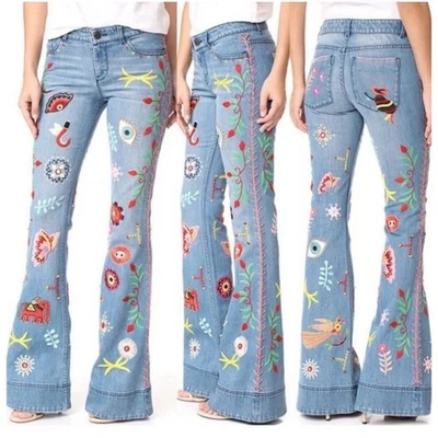 Alice + Olivia Ryley Embroidered Flare Jeans Colorful Boho Festival Denim Sz 26 - Image 1 of 4