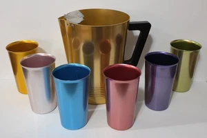 MCM Vintage Aluminum Pitcher W/ 6 Cups Colored Retro - Picture 1 of 7
