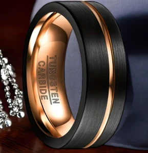 Men’s Black & Rose Gold Tungsten Carbide Ring – Brushed Finish Wedding Band - Picture 1 of 2