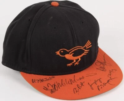 MIKE MUSSINA BILLY RIPKEN BJ SURHOFF BALTIMORE ORIOLES SIGNED AUTO  CAP HAT JSA - Image 1 of 3