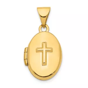14k Yellow Gold Cross 16mm Oval Locket Pendant - Picture 1 of 1