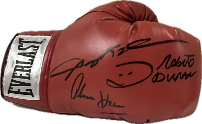 Sugar Ray Leonard Roberto Duran Thomas Hearns Signed Red Right Boxing Glove JSA - Image 1 of 3
