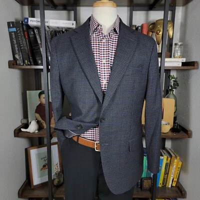 Abrigo deportivo Kenneth Cole Awearness para hombre dos botones a cuadros negro azul marino moderno 44R Foto 1 de 4