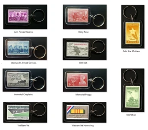 Encased Vintage Stamp Keychain Fob Memorial-Mother-Veteran-Navy-Army-WW1-WW2 .. - Picture 1 of 11
