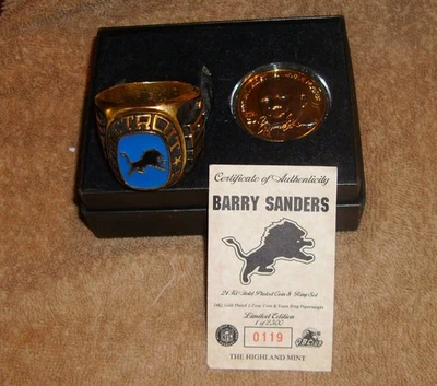 BARRY SANDERS HIGHLAND 完好 24KT 镀金 2 色硬币和戒指套装底特律狮子 — 第 1/2 张图片