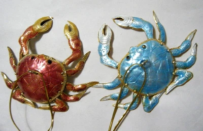 2 Cloisonne Guilloche Articulado Cangrejo Metal Árbol de Navidad Adorno Azul y Rosa Foto 1 de 4