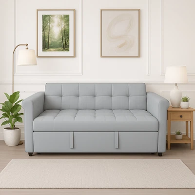 Velvet Sofa Bed with Side Storage Pockets Compact Design - Image 1 of 4
