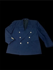 Vintage 1980er Portfolio Perry Ellis blauer zweireihiger Blazer 44R Goldknopf USA - Bild 1 von 9