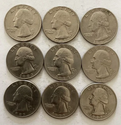1979-P 1981-D 1982-D 1983-D 1984-D (2) 1985-D (2) 1985-D Washington 9 Quarters - Image 1 of 2