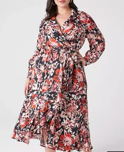 Lane Bryant Long Sleeve Shawl Collar Wrap Midi Dress Size 18 IKat Floral NWT - Picture 1 of 9