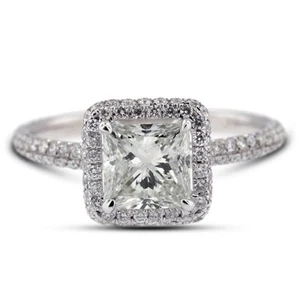 2.18ct H-VS1 Princess Earth Mined Certified Diamonds 18k Halo Side Stone Ring - Picture 1 of 10