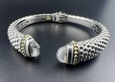 LAGOS STERLING SILVER 925 18K YELLOW GOLD CAVIAR WHITE TOPAZ CUFF HINGE BRACELET - Image 1 of 4