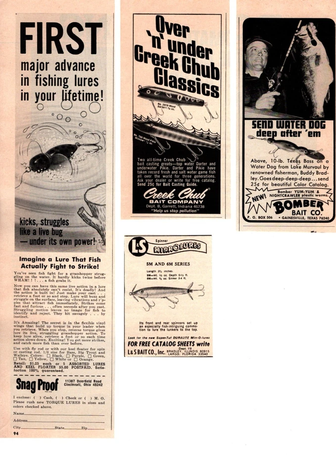 Lote de anuncios de señuelos de pesca 1971 (4), L&S, señuelo de torque a prueba de enganches, bombardero, Creek Chub Foto 1 de 1
