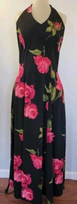 Formal Full Length Maxi Black Rose Dress w/ Tie Neck Sz 6 Adjustable, Zip - Image 1 of 4