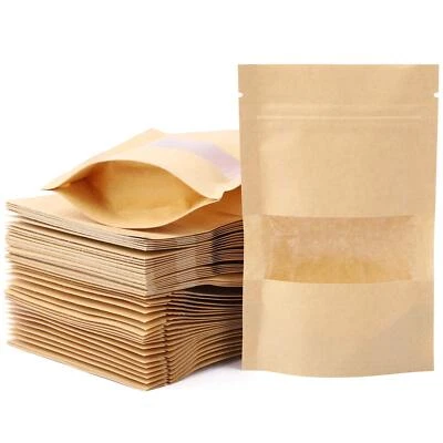 100 Pack Kraft Stand Up Pouch Bags Resealable Paper Bags with Window for Snacks - Image 1 of 4