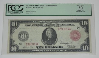 Series 1914 Large Size Red Seal $10 Fed Res Note 9-I PCGS VF 20 Fr#900a Tears - Image 1 of 4