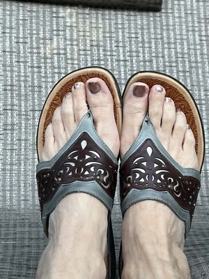 Ariat's Quality Sandals, Women 7.5B Studded Leather Denim & Brown, #10006036 - Image 1 of 4