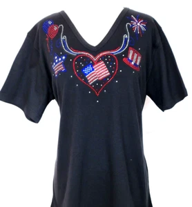 S - XL Top Memorial Day July 4th Patriotic Neckline Short or 3/4 Sleeve - Picture 1 of 9