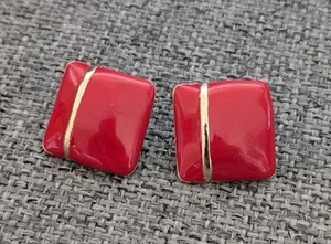 1980s Vintage Retro Vibrant Red & Gold Tone Enamel Earrings - Picture 1 of 4