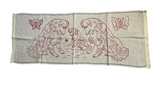 Antique Redwork Embroidered Linen Dogs & Butterflies Textile 41.5"x17" Fringe - Picture 1 of 22