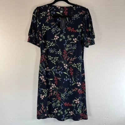 Tommy Hilfiger Midi Dress Womens Size 10 Navy Floral Print Puff Sleeve V Neck - Image 1 of 4