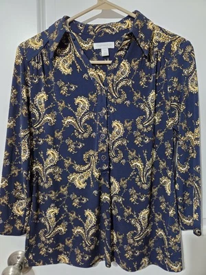 Blusa Charter Club para mujer PS azul dorado cachemir manga 3/4 1/2 botón Foto 1 de 4