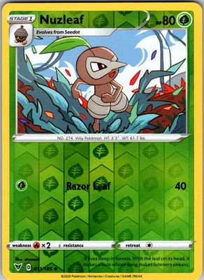 Nuzleaf Reverse Holo 011/185 SWSH04: Vivid Voltage Uncommon - NM - Image 1 of 2