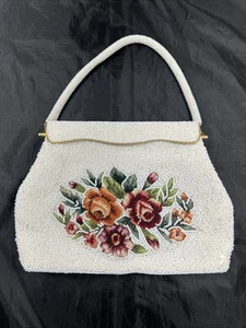 60’s Glass Beaded Evening Bag Purse Embroidered Petit Point Needlepoint Rose - Picture 1 of 22