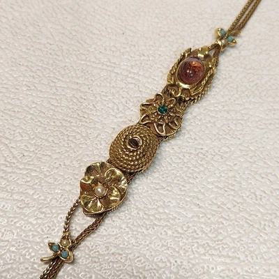 7" VTG Goldette N.Y. Victorian Revival Scarab Glass Flower Charm Bracelet - Image 1 of 4