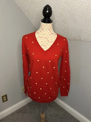 EUC J.Crew Factory Wool Blend Red W/Gold Polka Dots & Gray L/S Sweater Sz Medium - Image 1 of 4