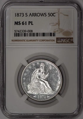 1873-S Arrows Seated Liberty Half Dollar 50c NGC MS61 PL - Strong Mirrors! - Image 1 of 3