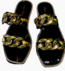 Lauren Lorraine Women’s Sandal Size 7 CHAN in Black and Gold Flats - Picture 1 of 5