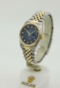 Vintage Men's Rolex Datejust Watch 16233 36mm Blue Vignette Diamond 2-Tone #W11 - Picture 1 of 12