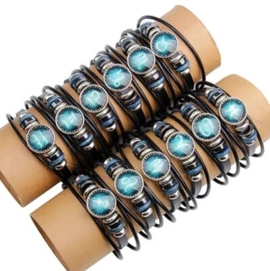Unisex Astrology Constellation Zodiac Sign Horoscope Leather Wristband Bracelet - Picture 1 of 27