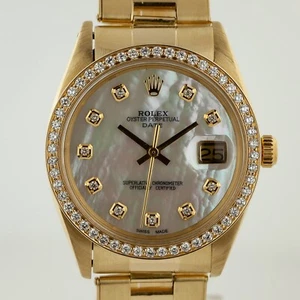 Rolex Date 34, Ref 1500, Men’s, 14K Yellow Gold, Custom MOP Dia Dial, Dia Bezel - Picture 1 of 24