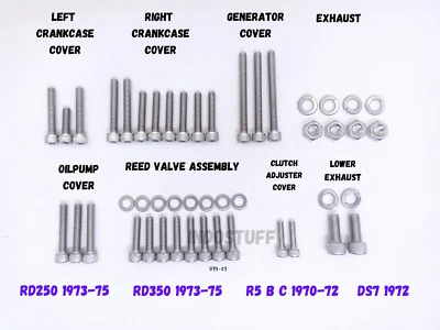 JUEGO DE TORNILLOS DE PERNO DE MOTOR DE ACERO INOXIDABLE PULIDO YAMAHA DS7 R5 RD250 RD350 1970-1975 Foto 1 de 3