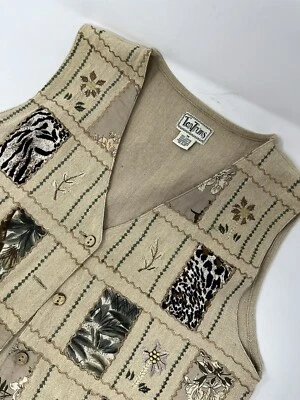 Vtg Women's Tan Green Floral Embroidered Vest 90's Cottagecore Size Medium GHQ4. - Image 1 of 4