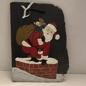 Rustic Country Hand Painted Christmas Holiday Santa & Chimney Slate Hanging - Picture 1 of 9