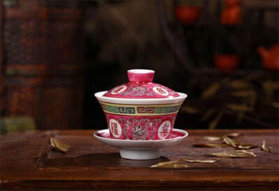 Antigua porcelana Gaiwan Mun Shou longevidad flor puré taza china tapa tazón Foto 1 de 4
