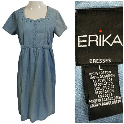 Vestido Vintage Erika & Co Mujer Grande Denim Floral Botón Top Cinturón Azul Modesto Foto 1 de 4