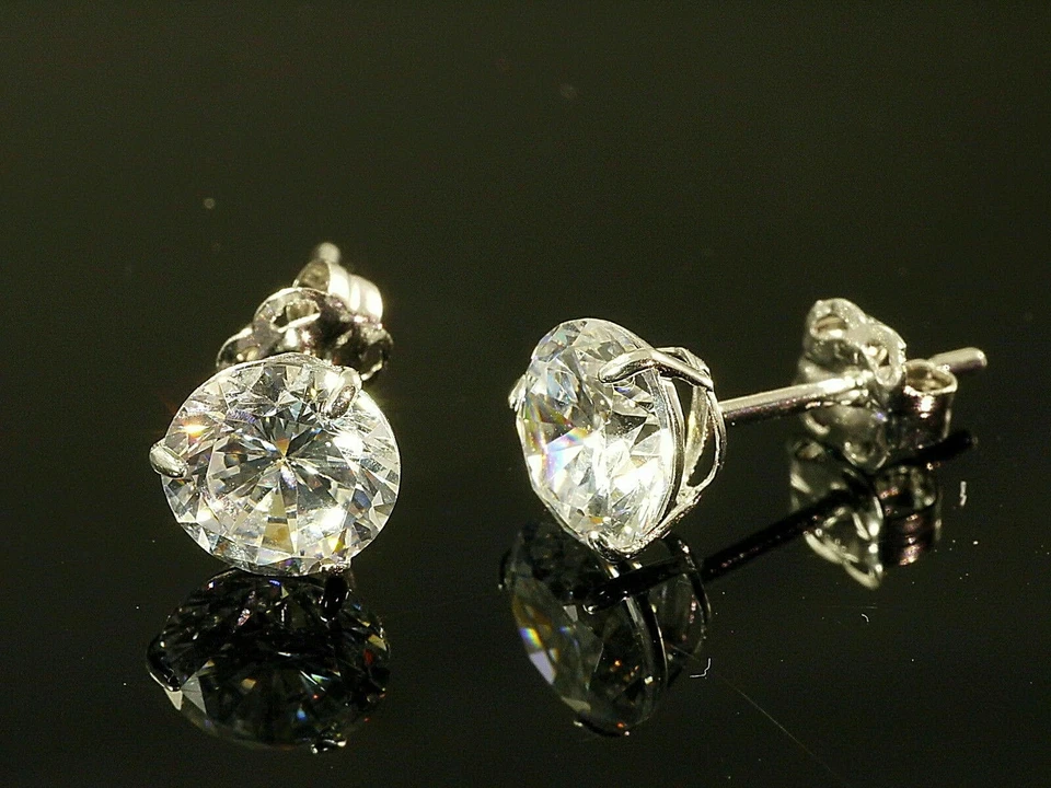 585 Weissgold Ohrstecker 1 Paar 4 mm klare Zirkonia  mit 3 Krappen Ohrringe - Bild 1 von 1