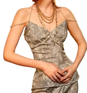 Womens Size 12-14 UK Grey Floral Print Cami Top Pearl Straps New L Flower Bead - Picture 1 of 4